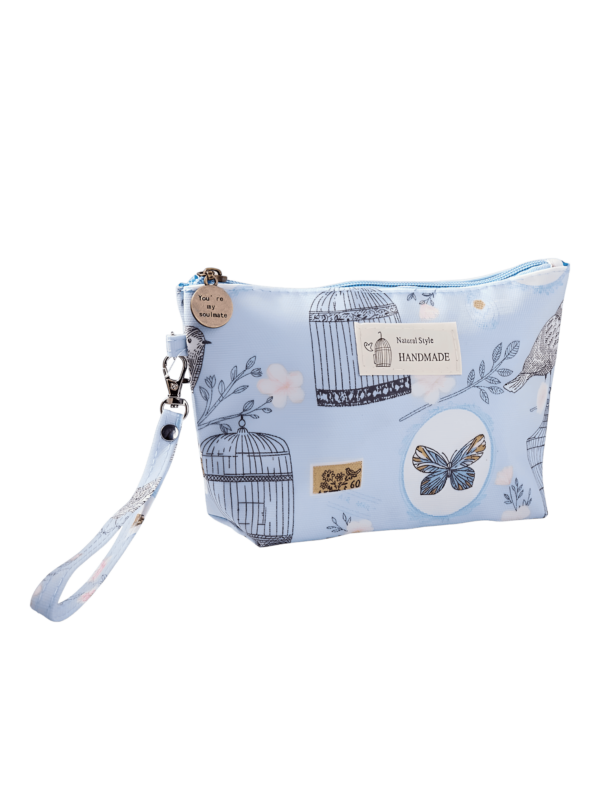 Pequena bolsa de maquilhagem floral de primavera com motivo de jardim primaveril azul-celeste