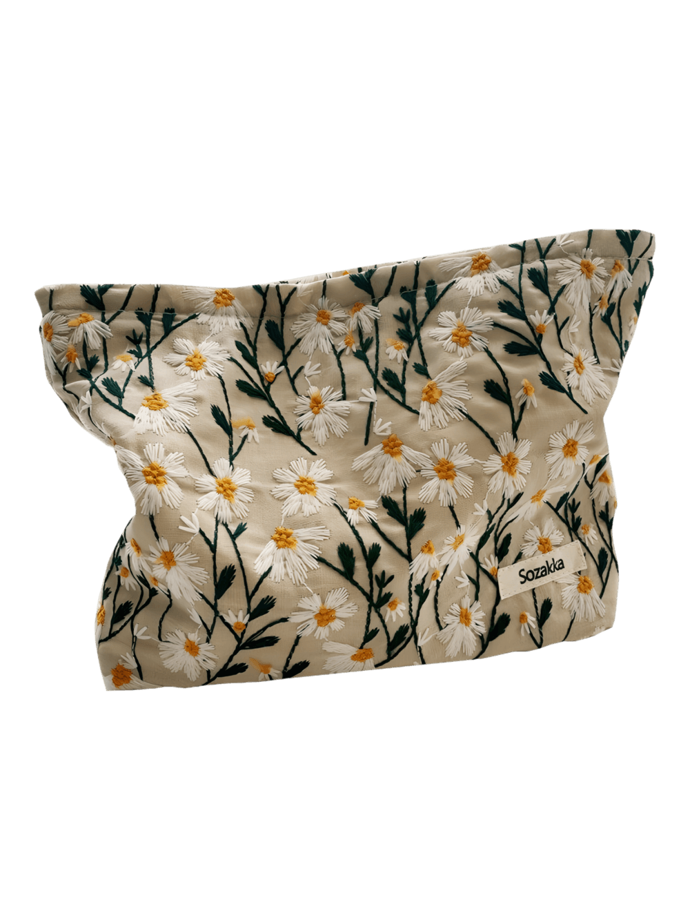 Trousse de maquillage brodée fleurie pâquerettes punch needle grand modèle blanc