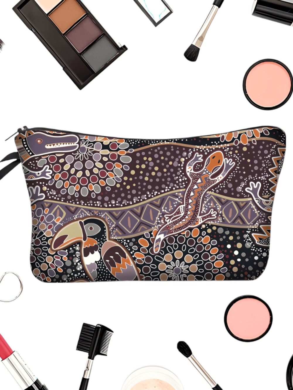 Trousse de maquillage ethnique tribale simple motif toucan salamandre présentation