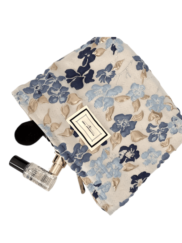 Trousse de maquillage tissu brocart florale bleue