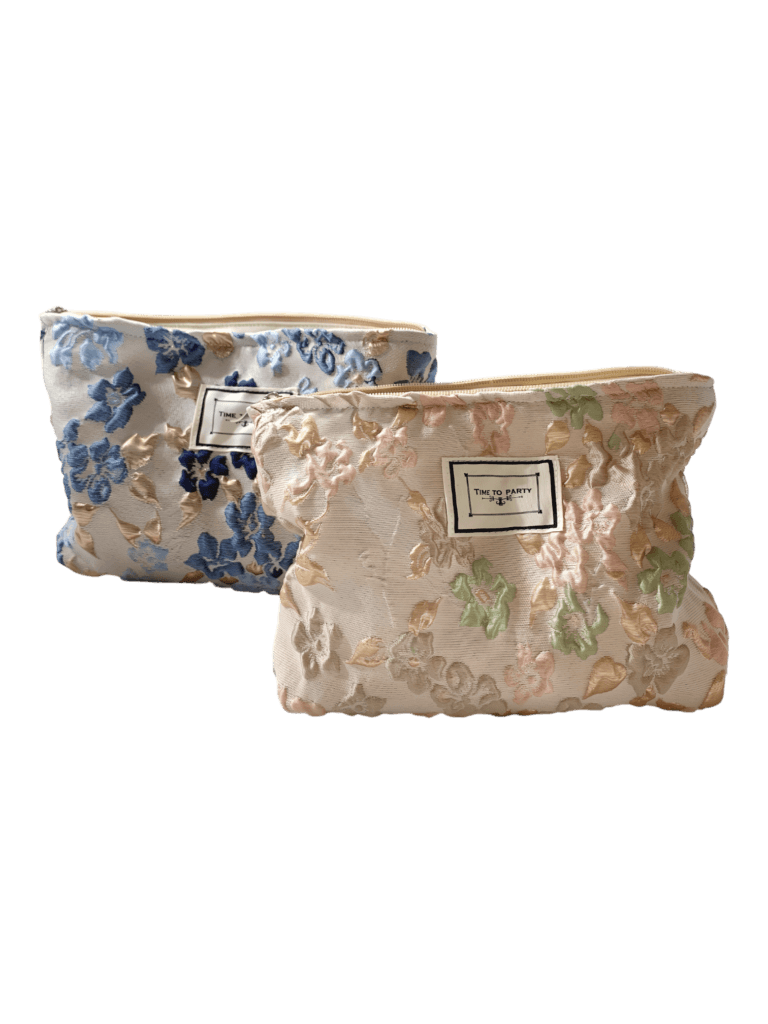 Trousse de maquillage tissu brocart florale bleue rose 2