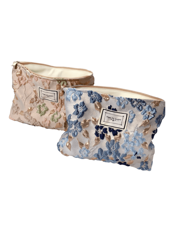Roze, blauw, brokaat met bloemen, make-up tasje