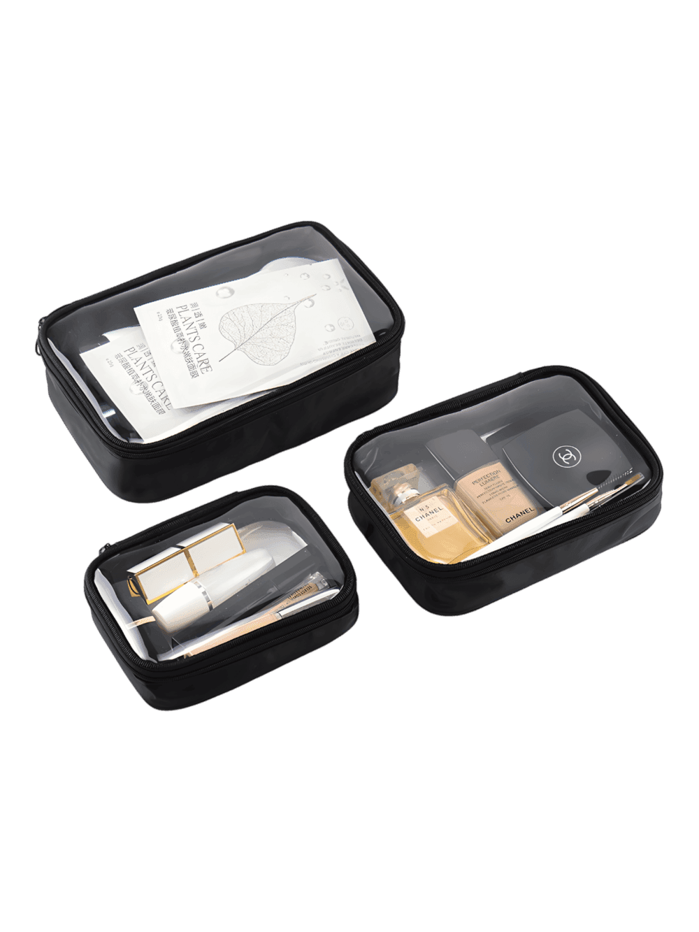 Borsa trasparente impermeabile per il trucco, nera, a scomparto unico, 3 diverse dimensioni Borsa trasparente impermeabile per il trucco, nera, a scomparto unico, 3 diverse dimensioni