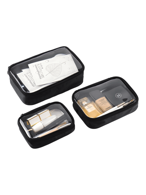 Transparant waterproof make-up tasje, zwart, één compartiment, 3 verschillende maten
