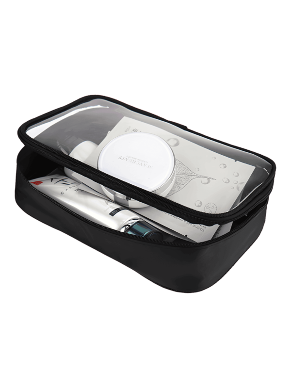 Trousse de maquillage transparente imperméable noire simple compartiment modèle large