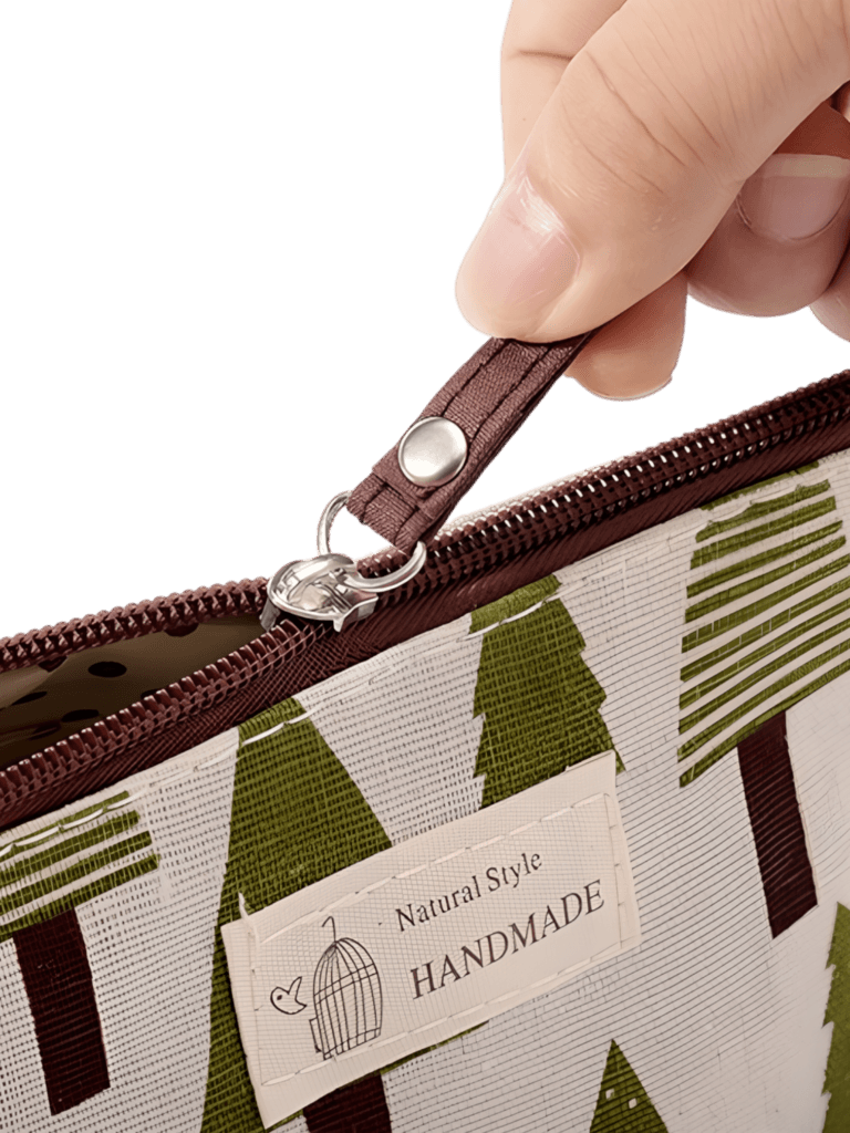 Trousse maquillage femme en tissu motifs nature et animaux détails zip