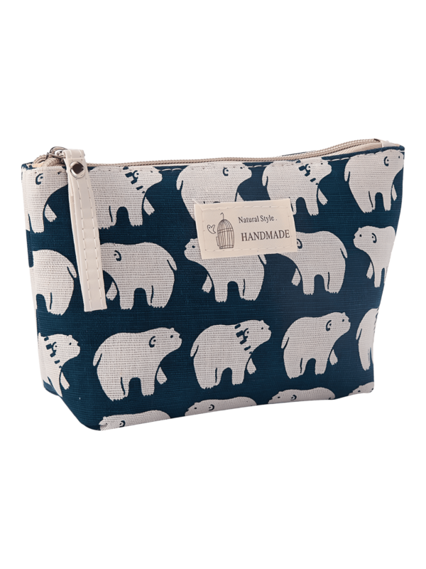 Women's make-up bag in fabric with nature and white bear animal motifs