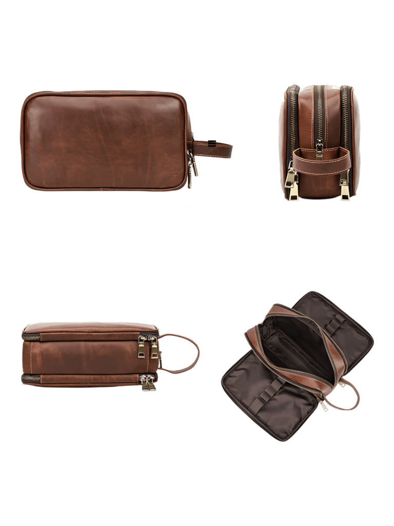 Grande trousse de toilette cuir compartimentée avec bandes élastiques présentation modèle