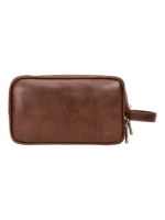 Grande trousse de toilette cuir compartimentée avec bandes élastiques vue face modèle chocolat Grande trousse de toilette cuir compartimentée avec bandes élastiques vue face modèle chocolat