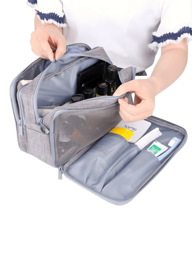 Grande trousse de toilette organisée avec multiples compartiments unisexe vue intérieure modèle gris 3