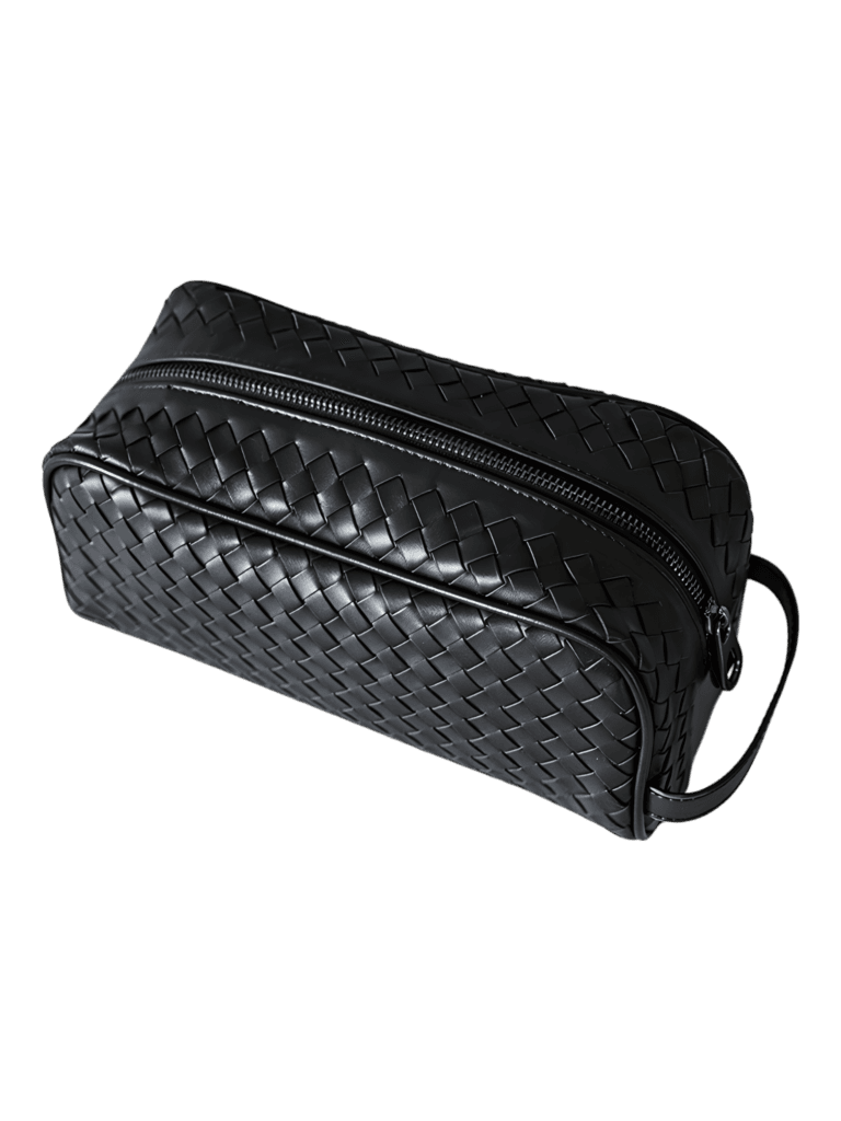 Trousse de toilette en cuir tressé noir homme simple compartiment (1)