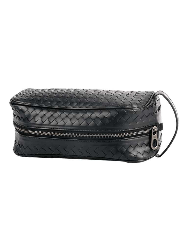 Trousse de toilette en cuir tressé noir homme simple compartiment (3)