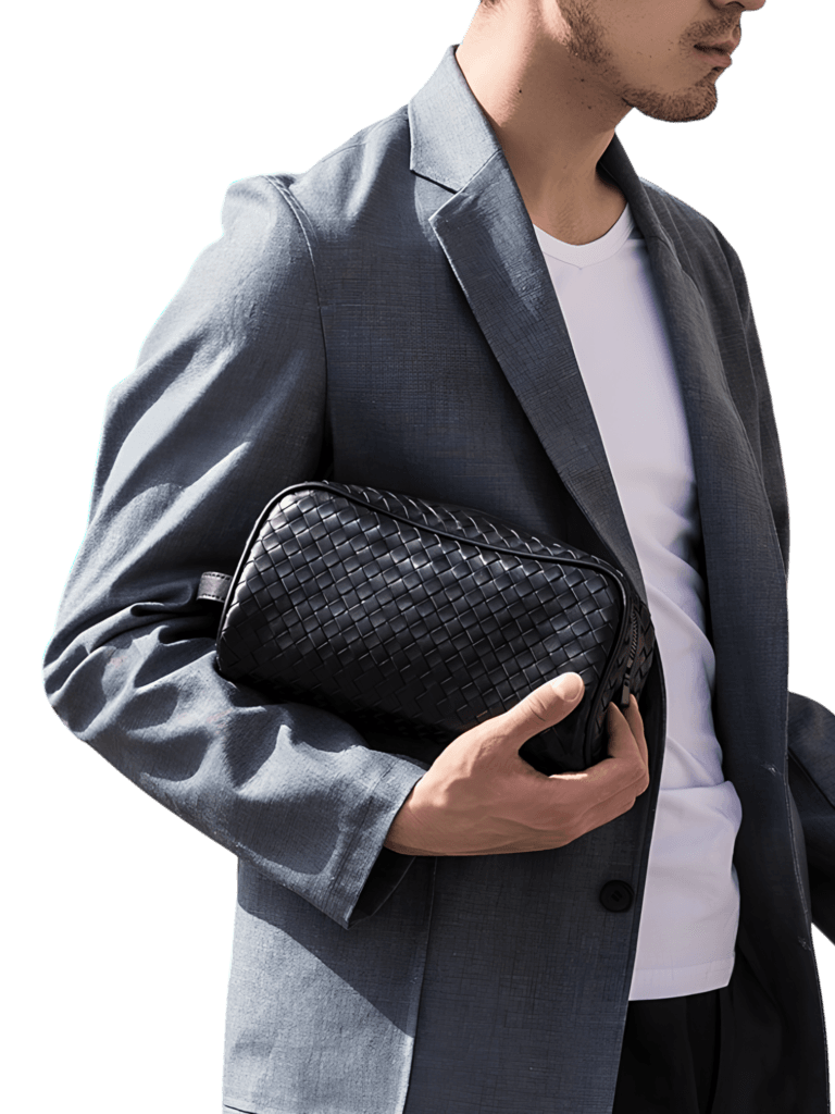 Trousse de toilette en cuir tressé noir homme simple compartiment (5)