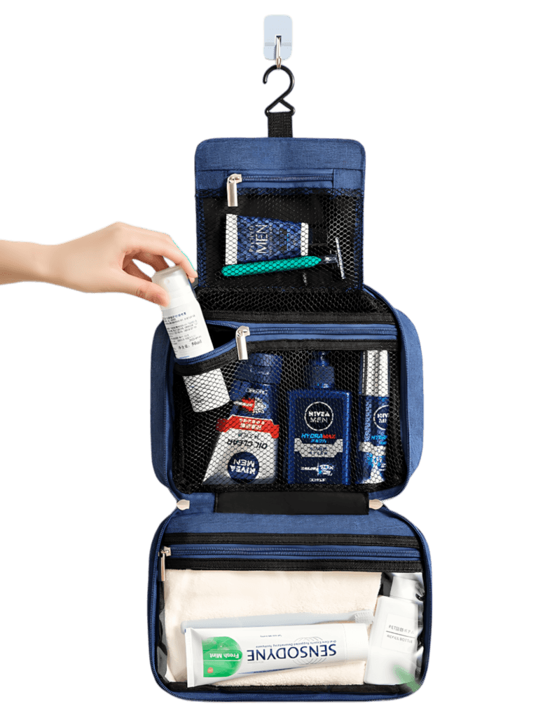 Grande trousse de toilette voyage à suspendre compartimentée modèle bleu démonstration