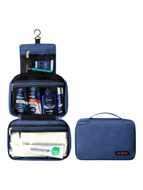Saco de viagem grande para artigos de higiene pessoal com compartimentos, modelo azul, apresentação dobrada e desdobrada Saco de viagem grande para artigos de higiene pessoal com compartimentos, modelo azul, apresentação dobrada e desdobrada