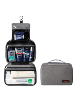Grande trousse de toilette voyage à suspendre compartimentée modèle gris présentation plié déplié
