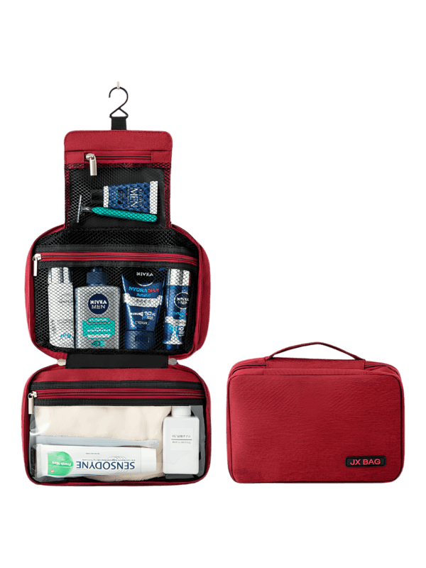 Grande trousse de toilette voyage à suspendre compartimentée modèle rouge présentation plié déplié