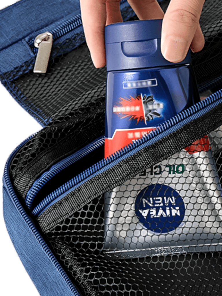 Grande trousse de toilette voyage à suspendre compartimentée pochette zippée modèle bleu