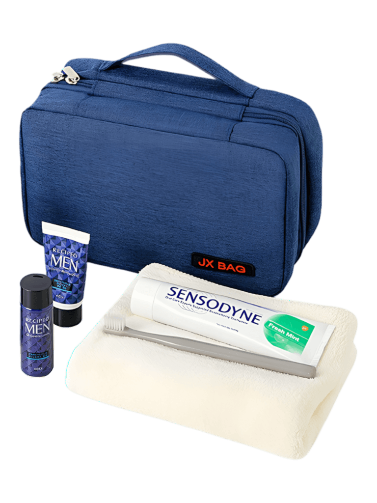 Grande trousse de toilette voyage à suspendre compartimentée présentation modèle bleu