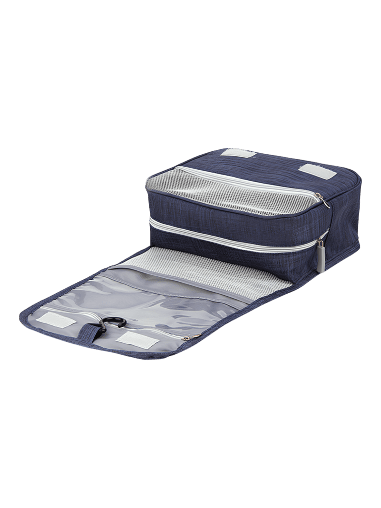 Petite trousse de toilette voyage à suspendre avec compartiments coloris bleu dépliée sur le dos