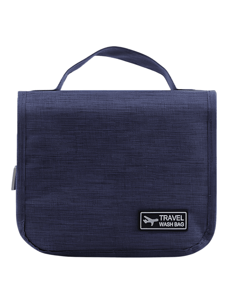 Petite trousse de toilette voyage à suspendre avec compartiments coloris bleu repliée vue de face