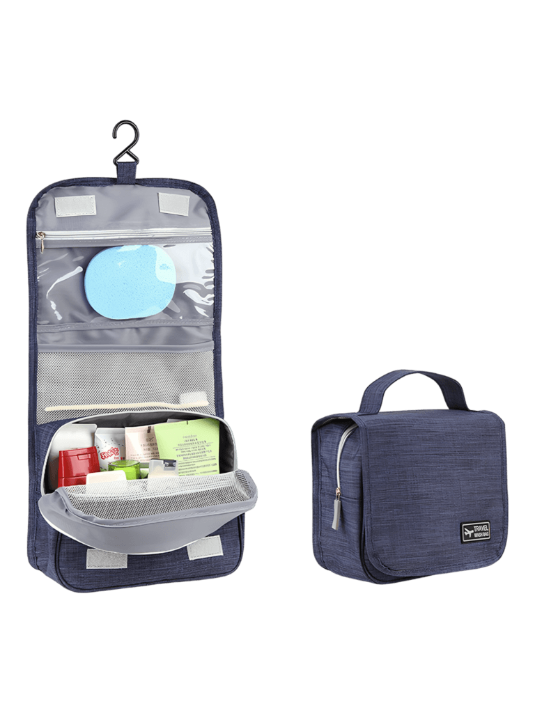 Petite trousse de toilette voyage à suspendre avec compartiments présentation colori bleu