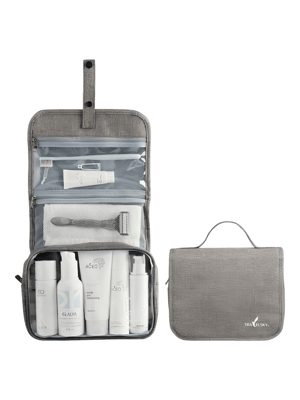 Hanging toiletry bag with snap fastener, grey model Hanging toiletry bag with snap fastener, grey model