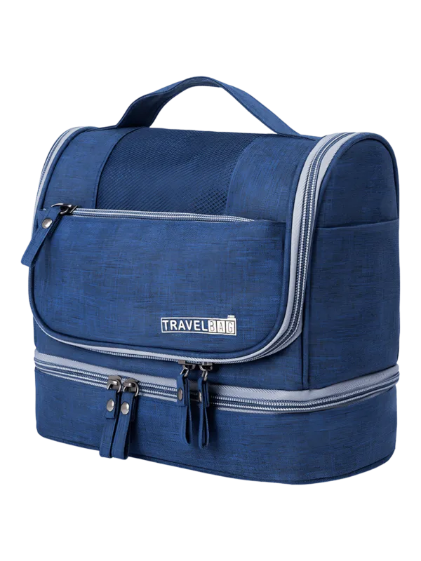 Prático saco de toilette com vários compartimentos para pendurar em várias cores, modelo azul-marinho Prático saco de toilette com vários compartimentos para pendurar em várias cores, modelo azul-marinho