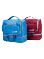 Práctico neceser con varios compartimentos para colgar en una gama de colores rojo y azul Práctico neceser con varios compartimentos para colgar en una gama de colores rojo y azul