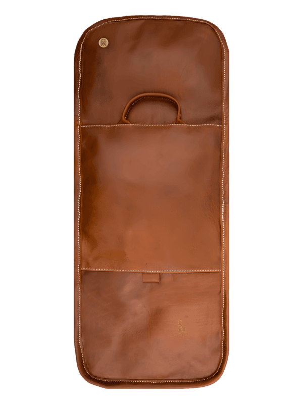 Borsa da toilette pieghevole in pelle marrone da appendere non piegata vista posteriore