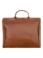 Bolsa dobrável para produtos de higiene pessoal em couro castanho, dobrada, vista traseira Bolsa dobrável para produtos de higiene pessoal em couro castanho, dobrada, vista traseira