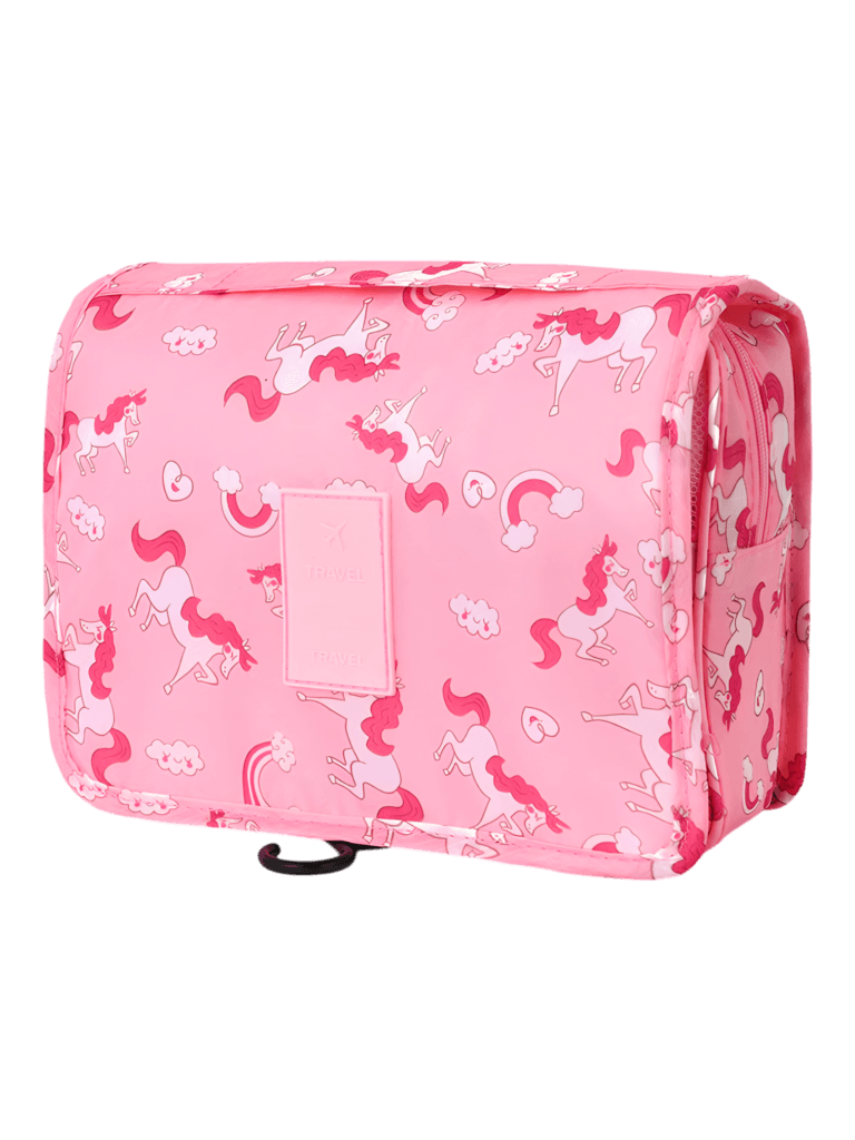 Trousses de toilette roses pour fille pliables facile à suspendre modèle Licorne présentation