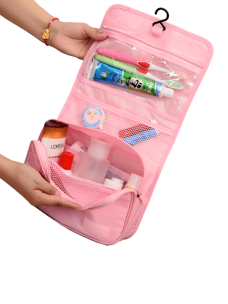 Trousses de toilette roses pour fille pliables facile à suspendre plusieurs compartiments