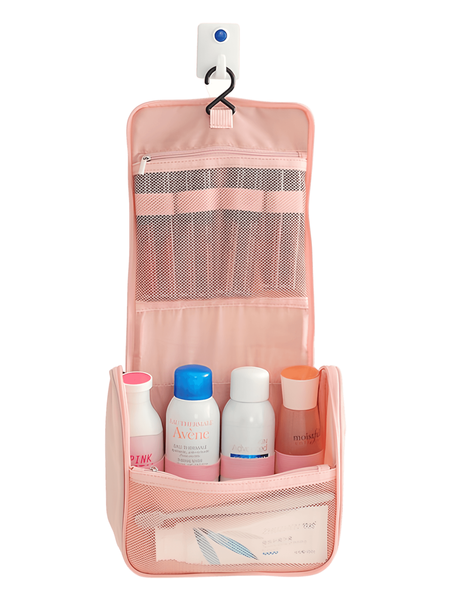 Neceser de viaje pequeño y minimalista, con gancho para colgar, compartimentos, en colores para hombre o mujer, presentación desplegada