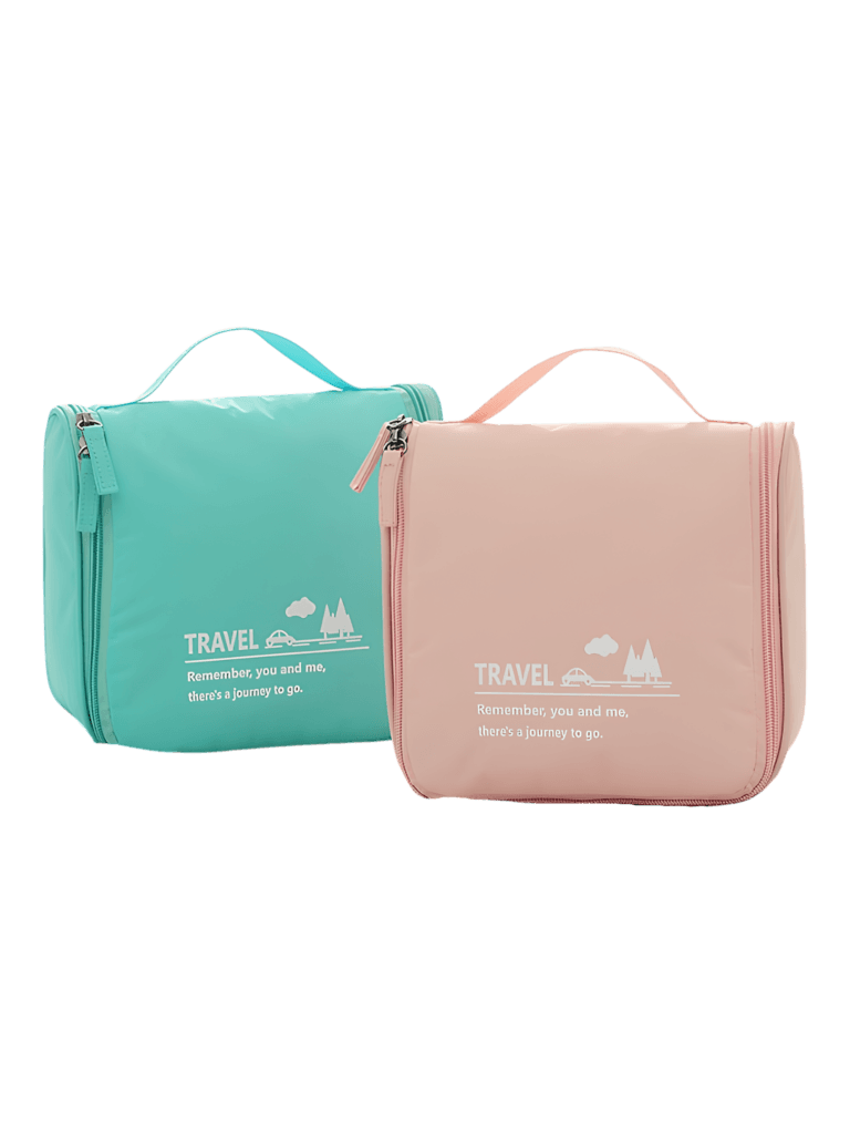 Neceser de viaje pequeño y minimalista, con gancho para colgar y compartimentos, en colores para hombre o mujer. Turquesa y rosa juntos