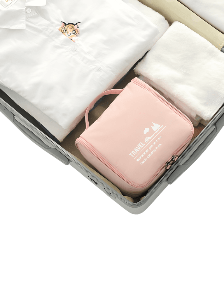 Neceser de viaje pequeño y minimalista con gancho para colgar y compartimentos en colores para hombre o mujer. Se pliega en una maleta