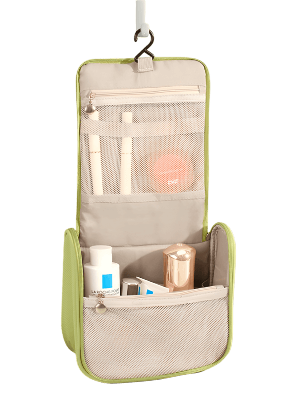 Astuccio da viaggio multifunzione per cosmetici, make-up e articoli da toilette, da appendere e con scomparti foto dell'astuccio aperto