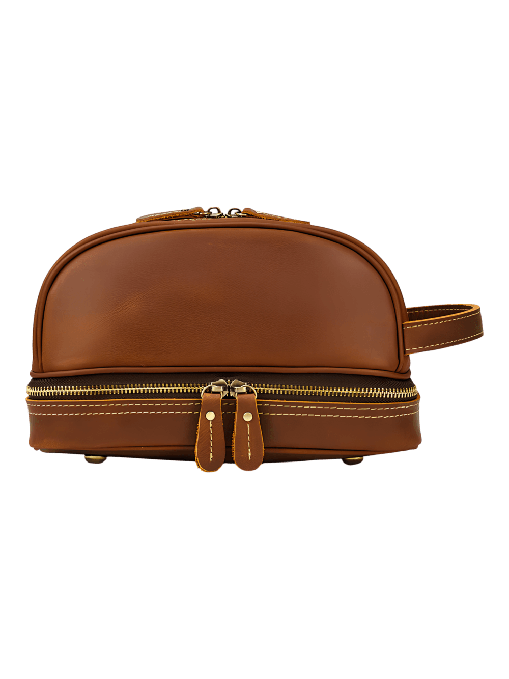 Trousse de toilette homme femme cuir rétro à compartiments coloris marron vue avant Trousse de toilette homme femme cuir rétro à compartiments coloris marron vue avant