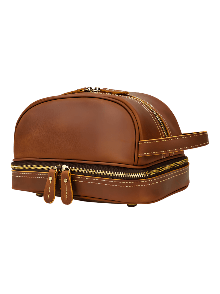Trousse de toilette homme femme cuir rétro à compartiments coloris marron vue de face