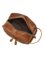 Trousse de toilette homme femme cuir rétro à compartiments coloris marron vue de haut Trousse de toilette homme femme cuir rétro à compartiments coloris marron vue de haut