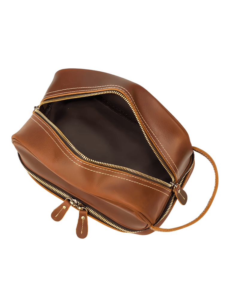 Trousse de toilette homme femme cuir rétro à compartiments coloris marron vue de haut