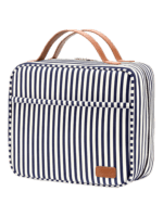 Gran neceser de viaje para mujer con compartimentos para colgar, diseño a rayas y bandas azules. Gran neceser de viaje para mujer con compartimentos para colgar, diseño a rayas y bandas azules.