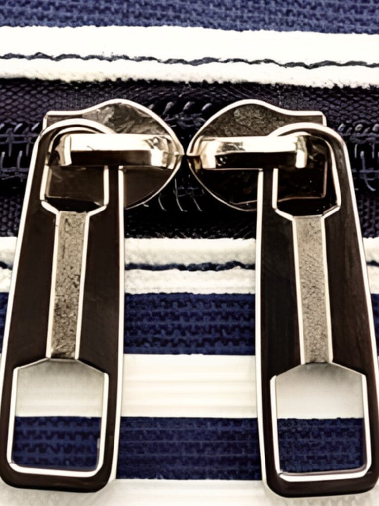 Gran neceser para mujer con compartimentos para colgar, ideal para viajar, con diseño a rayas y bandas. Detalles de la cremallera.
