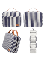 Gran neceser para mujer con compartimentos para colgar, ideal para viajar, con diseño a rayas y bandas. Presentación modelo azul 1.