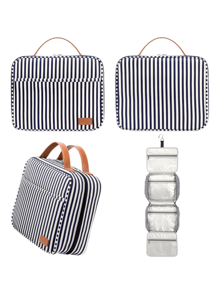 Grande trousse de toilette femme avec compartiments à suspendre, voyage, motif rayures, bandes. Présentation modèle bleu 1