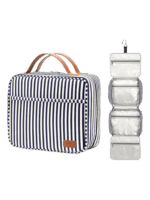Gran neceser para mujer con compartimentos para colgar, ideal para viajar, con diseño a rayas y bandas. Modelo en color azul.