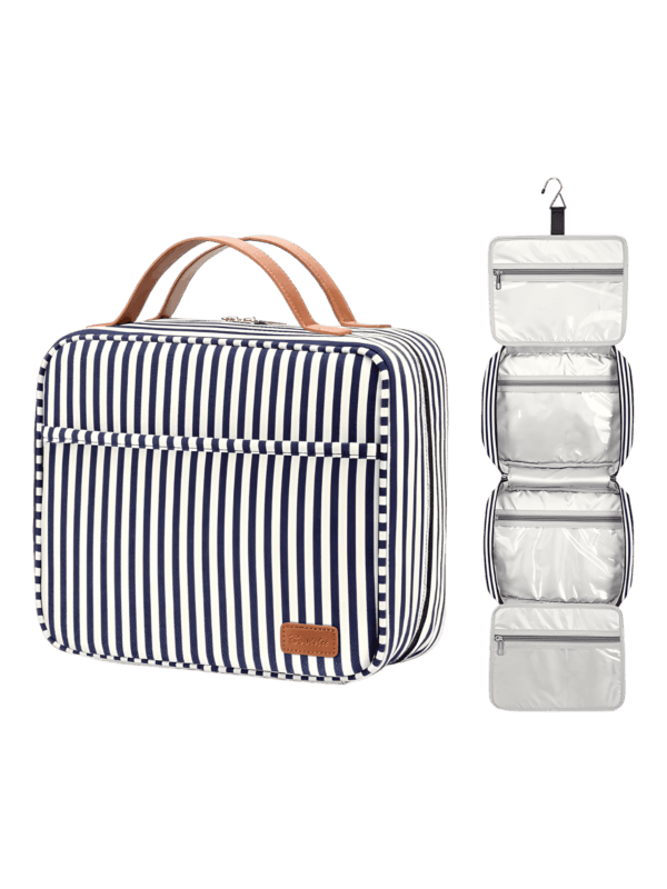 Grote cosmetica tas voor dames met hangende compartimenten, voor op reis, met streepmotief. Displaymodel in blauw.