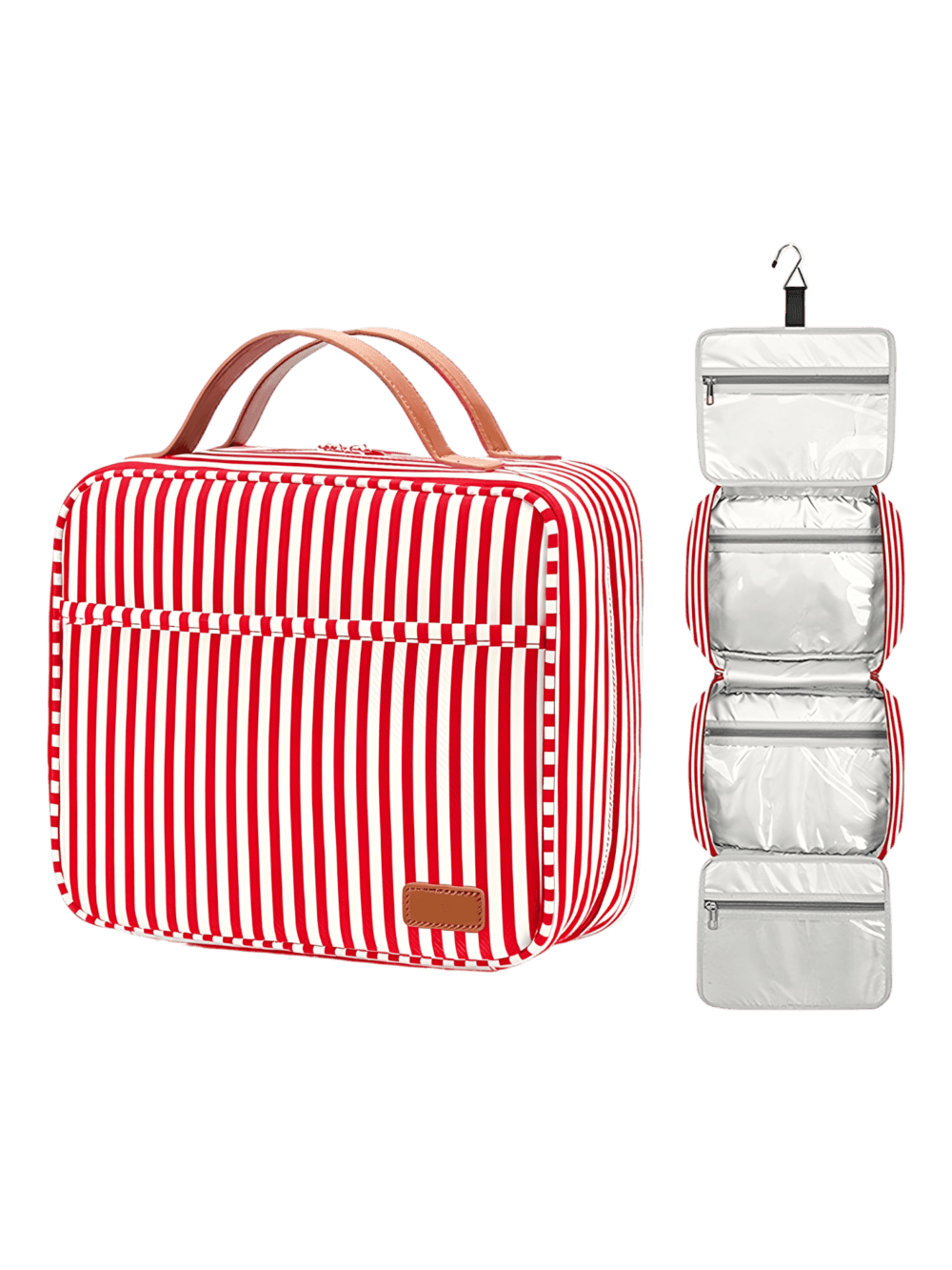 Borsa cosmetica grande da donna con scomparto per appendere, da viaggio, con motivo a righe. Colore rosso. Borsa cosmetica grande da donna con scomparto per appendere, da viaggio, con motivo a righe. Modello in rosso. Borsa cosmetica grande da donna con scomparto per appendere, da viaggio, con motivo a righe. Modello in rosso.