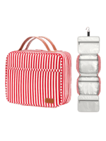 Saco de cosméticos grande para mulher com compartimentos para pendurar, para viagem, padrão às riscas. Modelo em vermelho. Saco de cosméticos grande para senhora com compartimentos suspensos, para viagem, com padrão às riscas. Modelo em vermelho. Saco de cosméticos grande para senhora com compartimentos suspensos, para viagem, com padrão às riscas. Modelo em vermelho.