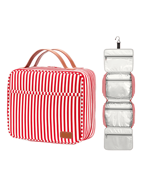 Gran neceser para mujer con compartimentos para colgar, de viaje, con rayas y bandas. Presentación modelo rojo.